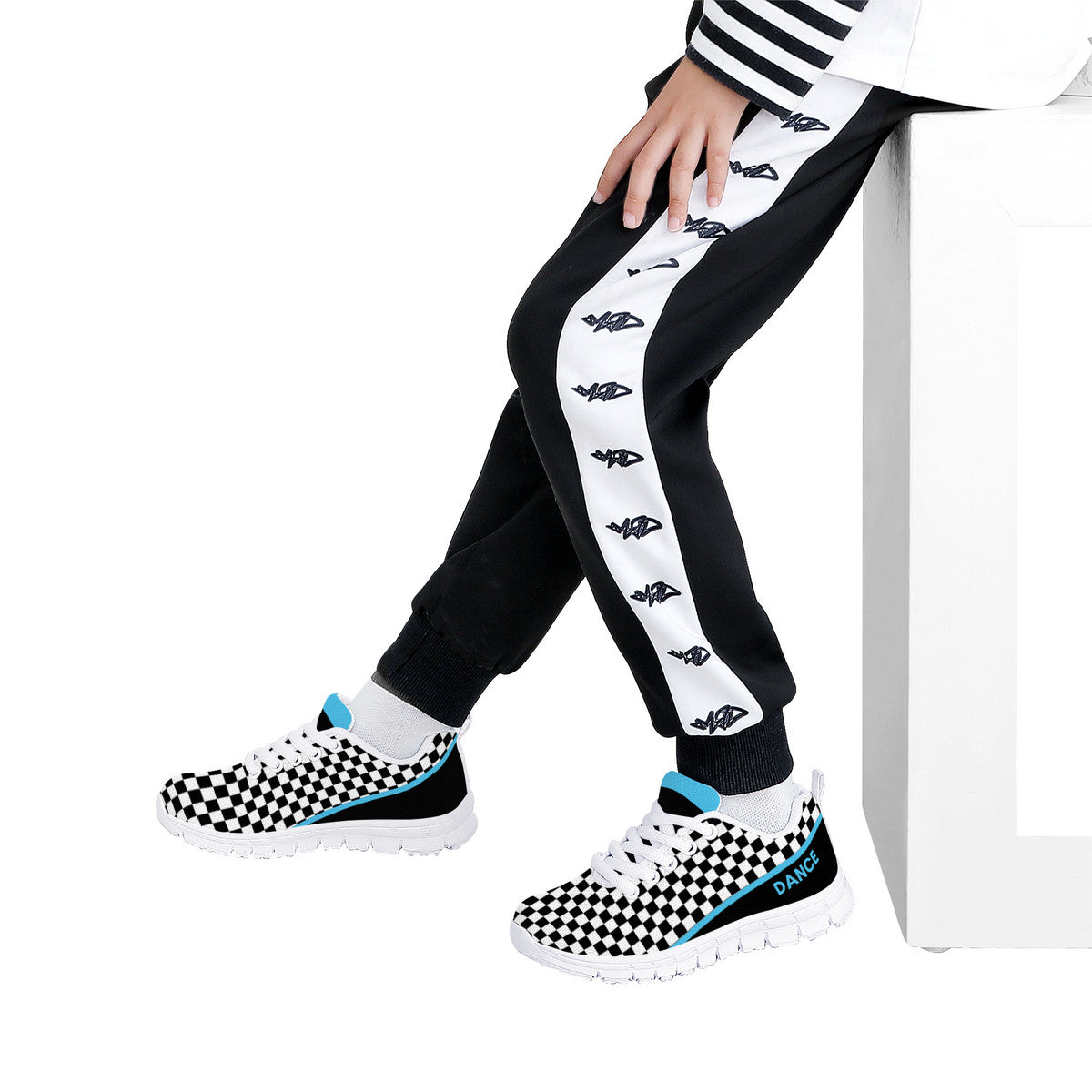 Kids Dance Sneakers - Checkered Black - White - Blue