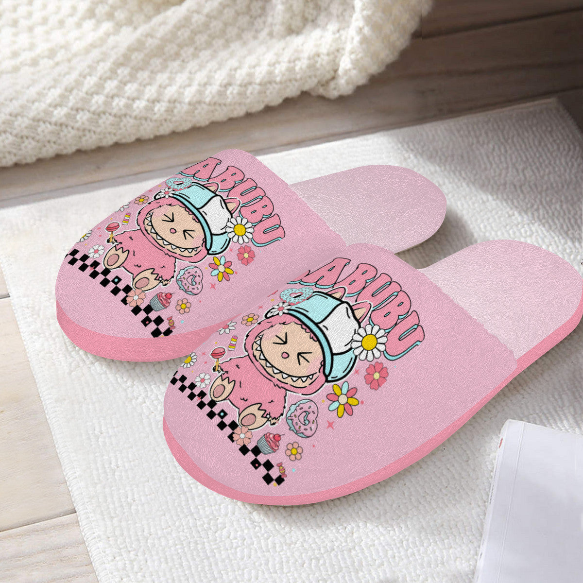 Pink Labubu Monster Slippers – Soft Indoor Shoes with Non-Slip Soles