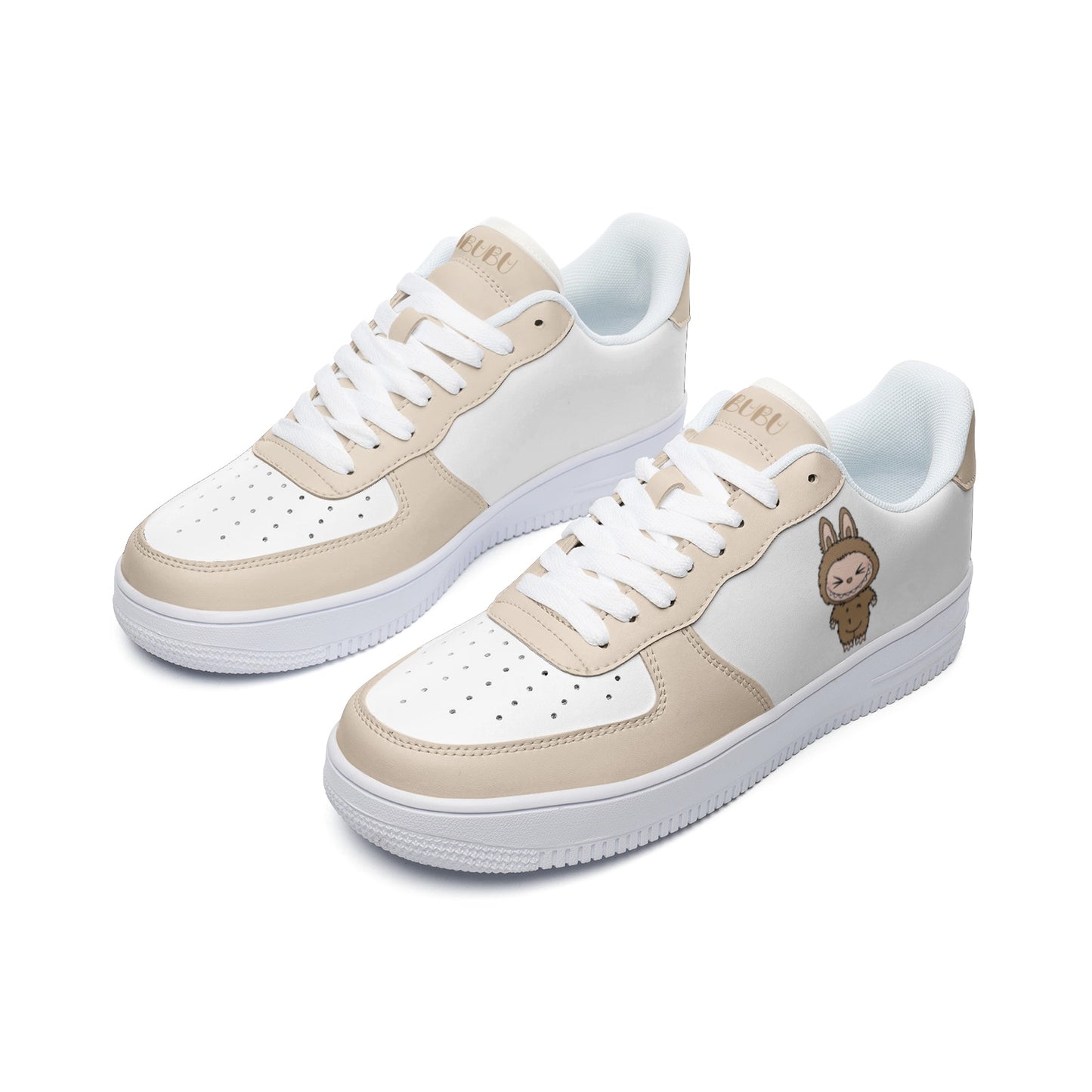 Kawaii Low Top Leather Labubu Sneakers- beige