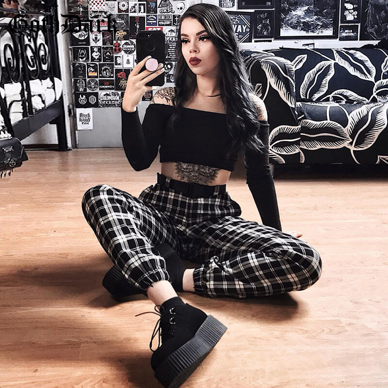 Black and White Harajuku plaid cargo pants - SD-style-shop
