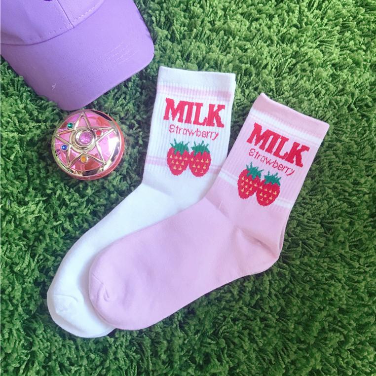 Strawberry Milk Pink and White Women Socks - SD-style-shop