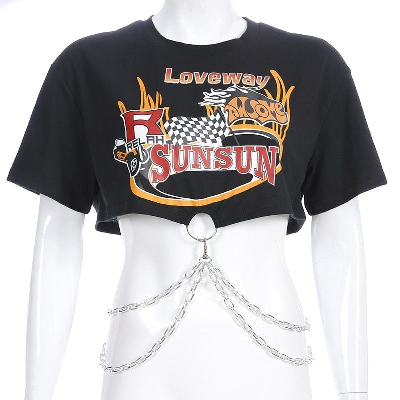 Cropped Rock T-shirt with Chains - Black - SD-style-shop
