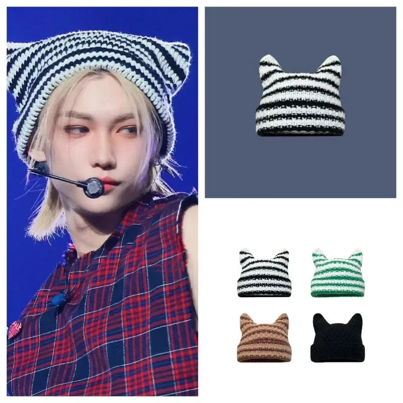 Stray Kids Black and White Striped Knitted Cat Ears Hat