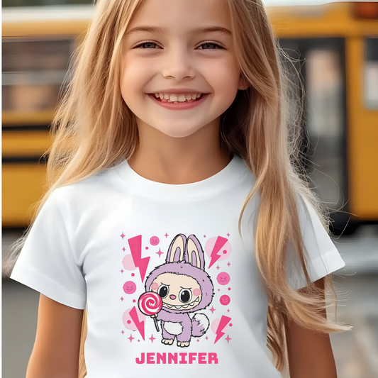 Custom Name Labubu Kids T-Shirt, Personalized Tee for Children, monster Theme Shirt, Labubu Design