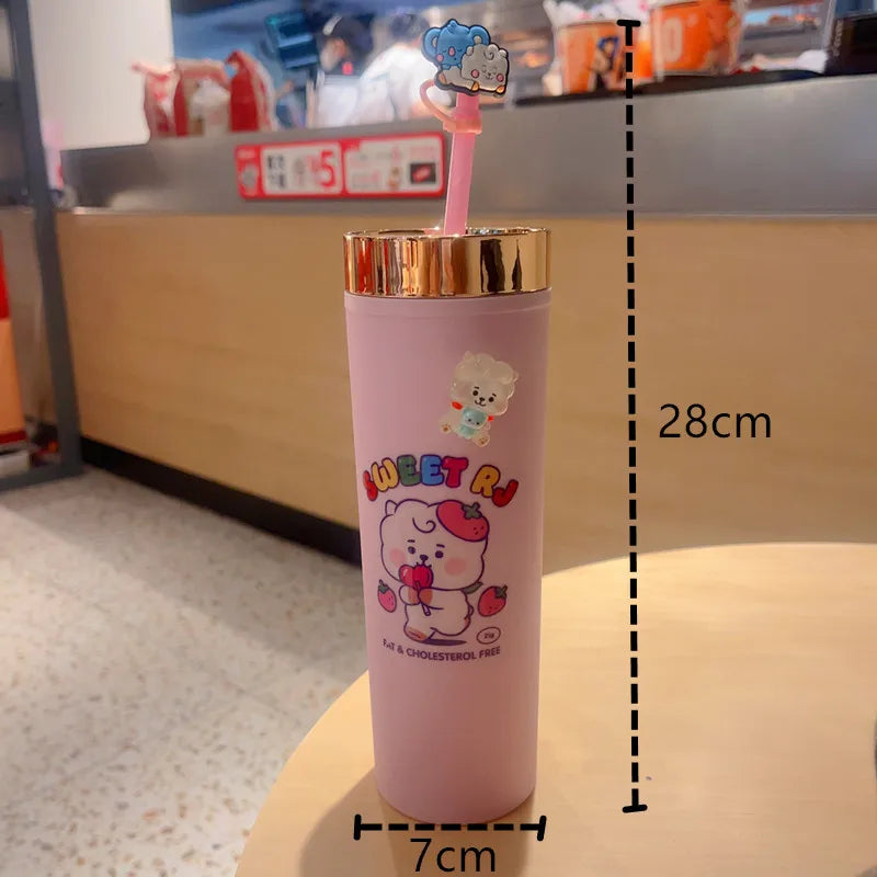 BT21 Double-Layer Straw Cup - Large Capacity