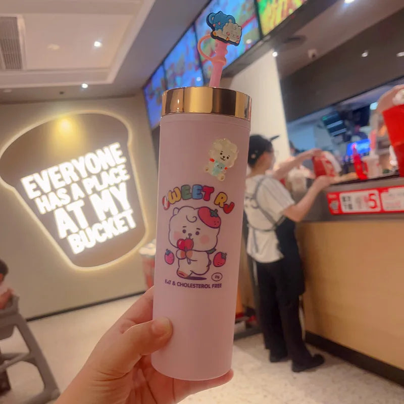 BT21 Double-Layer Straw Cup - Large Capacity