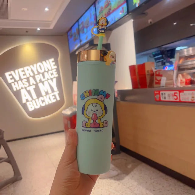 BT21 Double-Layer Straw Cup - Large Capacity