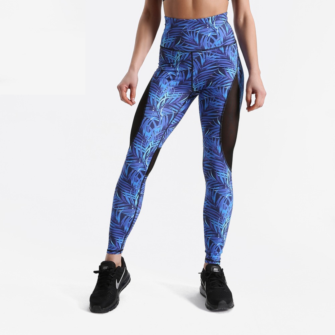 Blue leaf -Fitness leggings with mesh inserts - SD-style-shop