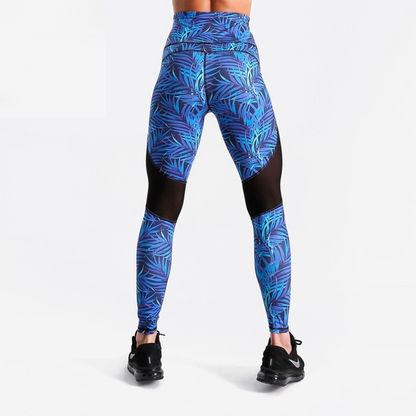 Blue leaf -Fitness leggings with mesh inserts - SD-style-shop