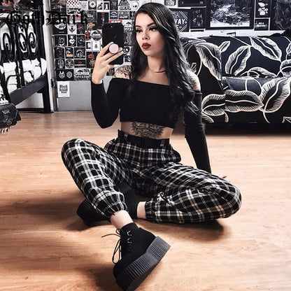 Black and White Harajuku plaid cargo pants - SD-style-shop