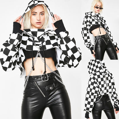 Cropped Hoodie Sweatshirt Black White with Chains - SD-style-shop