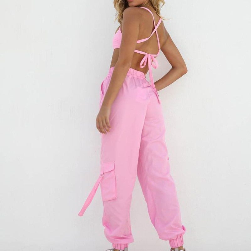 Pink 2 Piece Set Crop Top and Cargo Pants - SD-style-shop