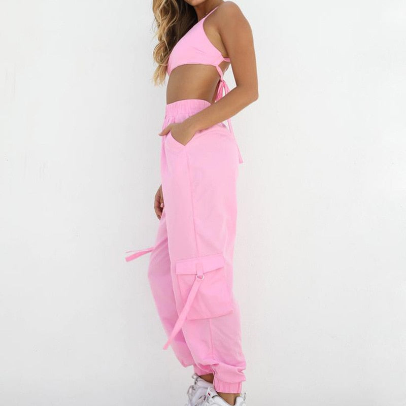 Pink 2 Piece Set Crop Top and Cargo Pants - SD-style-shop