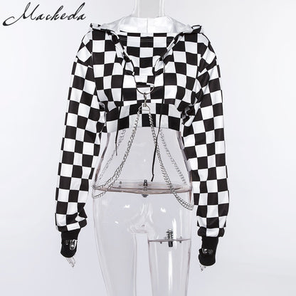 Cropped Hoodie Sweatshirt Black White with Chains - SD-style-shop