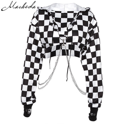 Cropped Hoodie Sweatshirt Black White with Chains - SD-style-shop