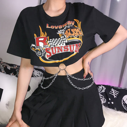 Cropped Rock T-shirt with Chains - Black - SD-style-shop