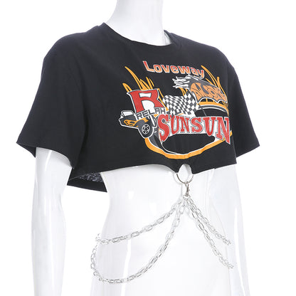 Cropped Rock T-shirt with Chains - Black - SD-style-shop
