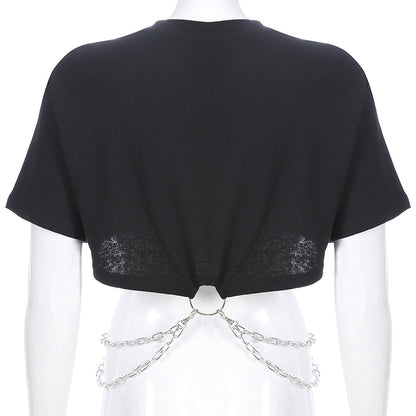 Cropped Rock T-shirt with Chains - Black - SD-style-shop
