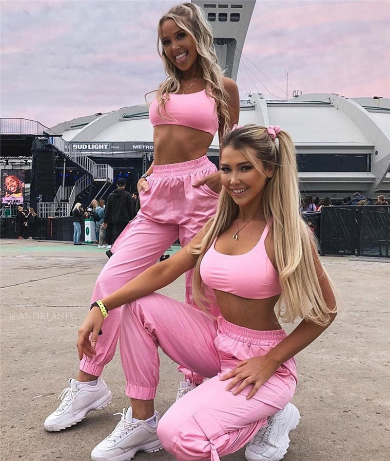 Pink 2 Piece Set Crop Top and Cargo Pants - SD-style-shop