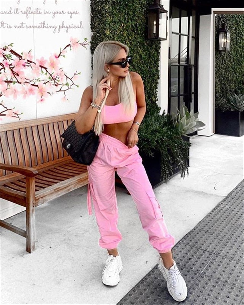 Pink 2 Piece Set Crop Top and Cargo Pants - SD-style-shop