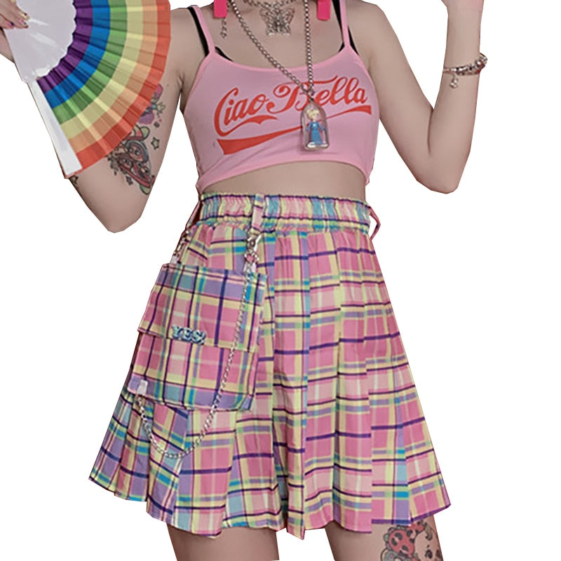 Rainbow plaid Skirt With Chain and pocket - SD-style-shop