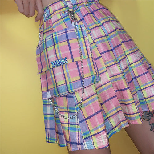 Rainbow plaid Skirt With Chain and pocket - SD-style-shop