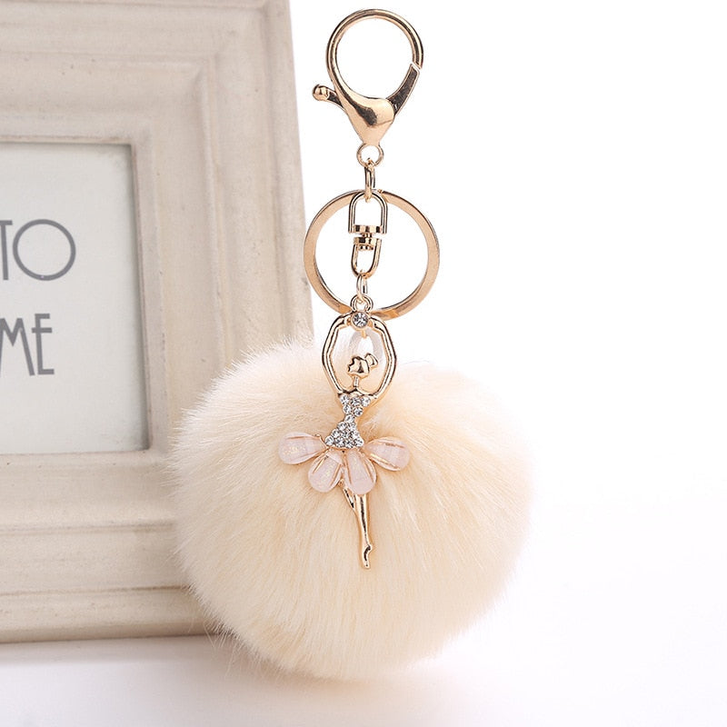 Ballet key chain with fake Fur Ball pompom Key Chain Ballerina keyring - SD-style-shop