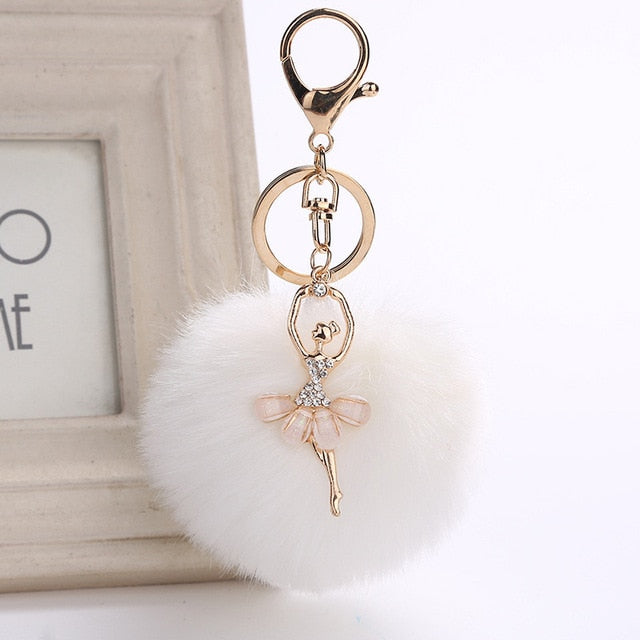 Ballet key chain with fake Fur Ball pompom Key Chain Ballerina keyring - SD-style-shop