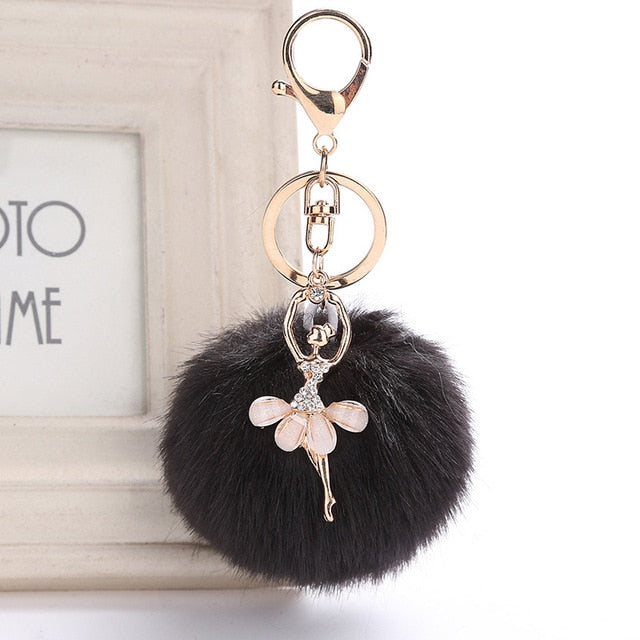 Ballet key chain with fake Fur Ball pompom Key Chain Ballerina keyring - SD-style-shop