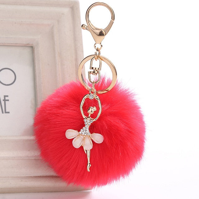 Ballet key chain with fake Fur Ball pompom Key Chain Ballerina keyring - SD-style-shop