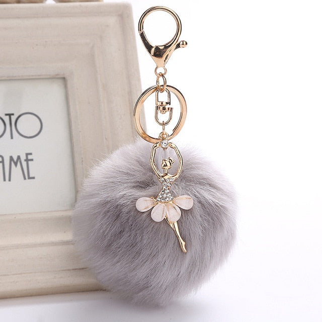 Ballet key chain with fake Fur Ball pompom Key Chain Ballerina keyring - SD-style-shop