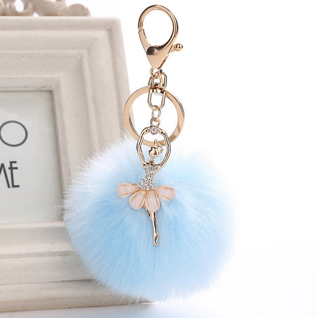 Ballet key chain with fake Fur Ball pompom Key Chain Ballerina keyring - SD-style-shop