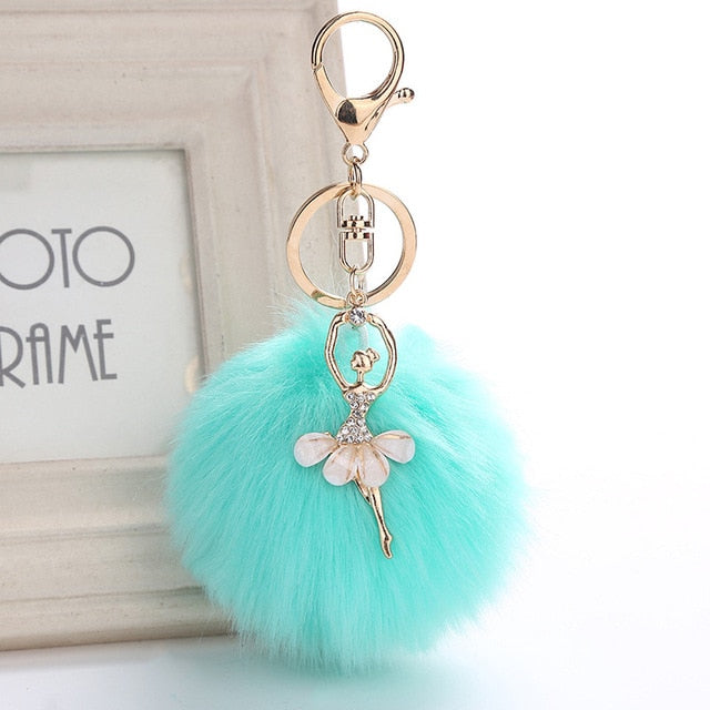 Ballet key chain with fake Fur Ball pompom Key Chain Ballerina keyring - SD-style-shop