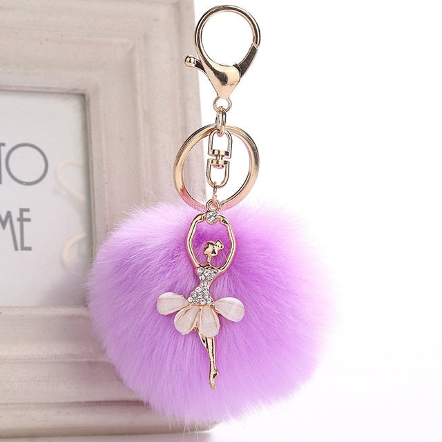 Ballet key chain with fake Fur Ball pompom Key Chain Ballerina keyring - SD-style-shop