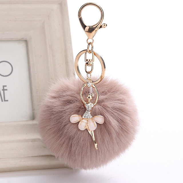 Ballet key chain with fake Fur Ball pompom Key Chain Ballerina keyring - SD-style-shop