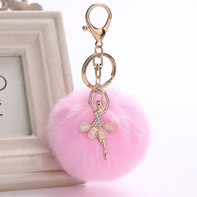 Ballet key chain with fake Fur Ball pompom Key Chain Ballerina keyring - SD-style-shop