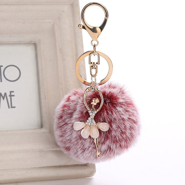 Ballet key chain with fake Fur Ball pompom Key Chain Ballerina keyring - SD-style-shop