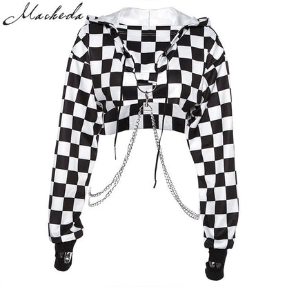 Cropped Hoodie Sweatshirt Black White with Chains - SD-style-shop