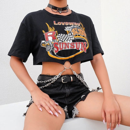 Cropped Rock T-shirt with Chains - Black - SD-style-shop