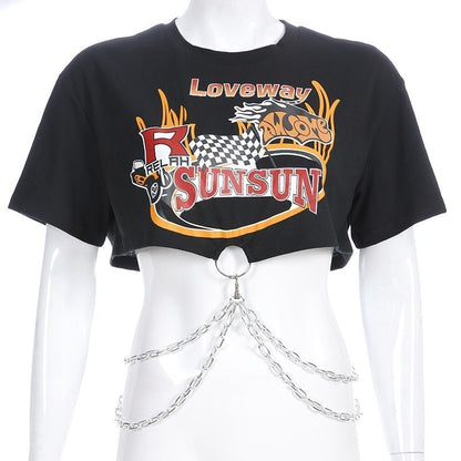 Cropped Rock T-shirt with Chains - Black - SD-style-shop
