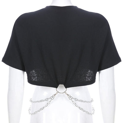 Cropped Rock T-shirt with Chains - Black - SD-style-shop