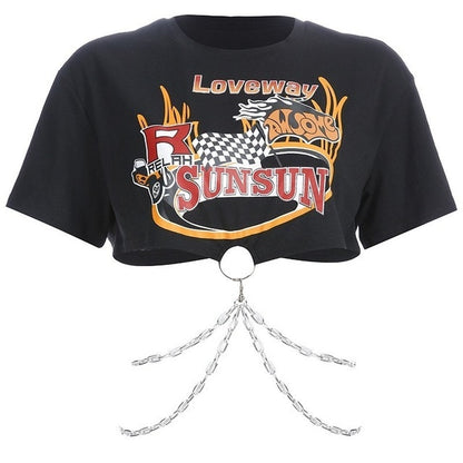 Cropped Rock T-shirt with Chains - Black - SD-style-shop
